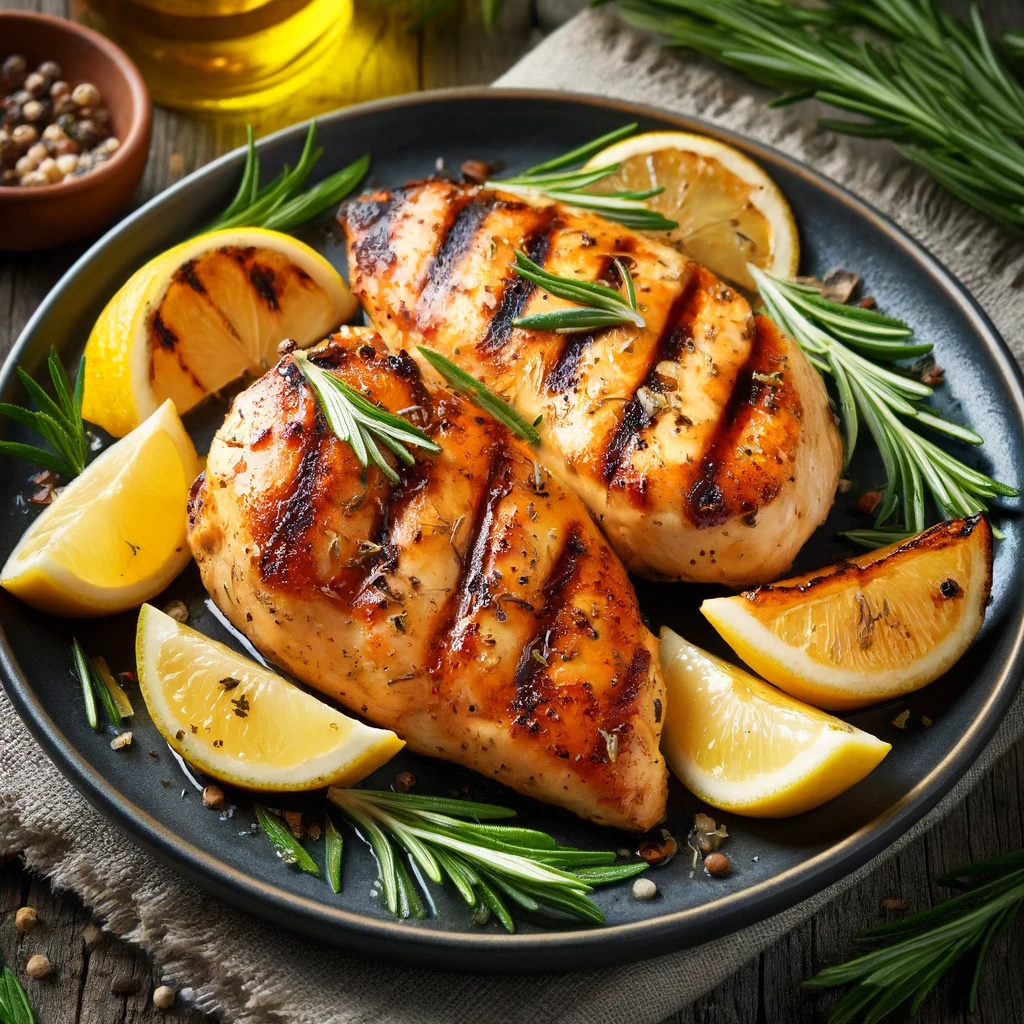 Grilled chicken breasts with lemon and rosemary  garnished with lemon slices and rosemary sprigs